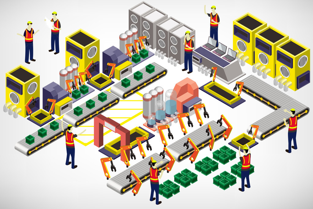 A cartoon art of a production line of a factory.